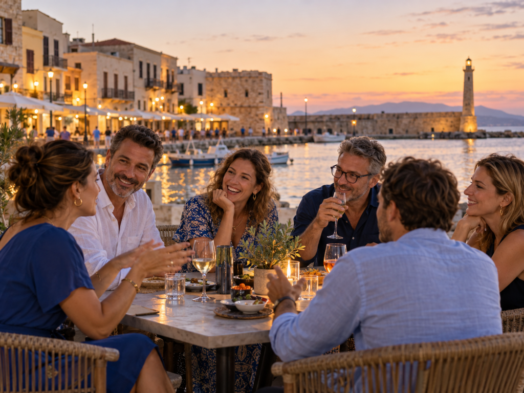 Illustration d’un afterwork convivial entre professionnels au port de Rethymno